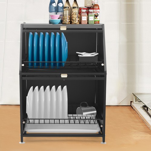 Double Drain Shelf, Dish Drying Rack, 2-tier Kitchen Dish Rack 56x40x30cm Black - Picture 24 of 24