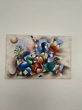 VTG Signed Abstract Art Painting On Canvas Musicians Playing Moonlight Concerto,