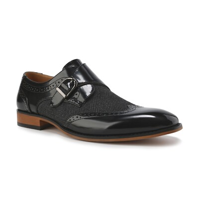 Gino Vitale Men 12 Black Wing Tip Dress Shoe Double Monk Strap Brogue Loafer Gino Vitale Double Monk Strap Houndstooth Medallion Cap Toe  main image 4