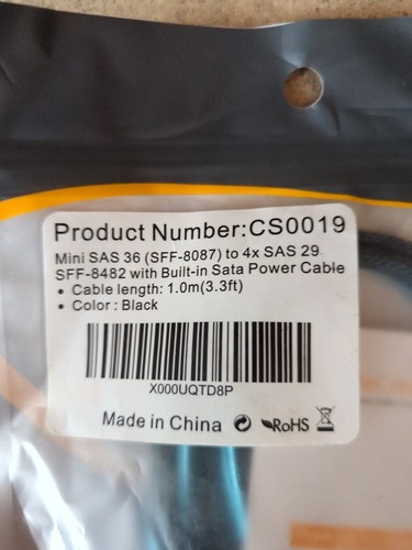 CableCreation Black 1M 3.3ft CS0019 SFF-8087 to 4x SFF-8482 Built In Sata I2-3 - Picture 2 of 4