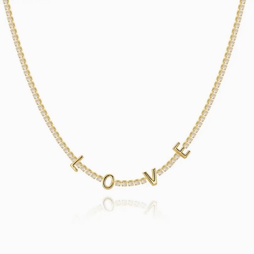 18k Gold Plated Tennis Necklace made w Swarovski Crystal 3mm Stone LOVE Pendant - Picture 4 of 21