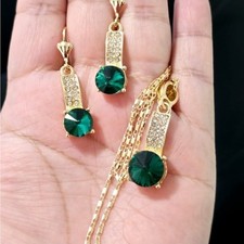 18K Gold Plated Emerald Green CZ Jewelry Set Necklace Bracelet Earring