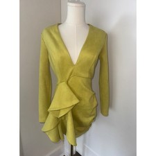 Fashion Nova Lime Green Ruched Bodycon Mini Dress Long Sleeve V Neck Size Medium