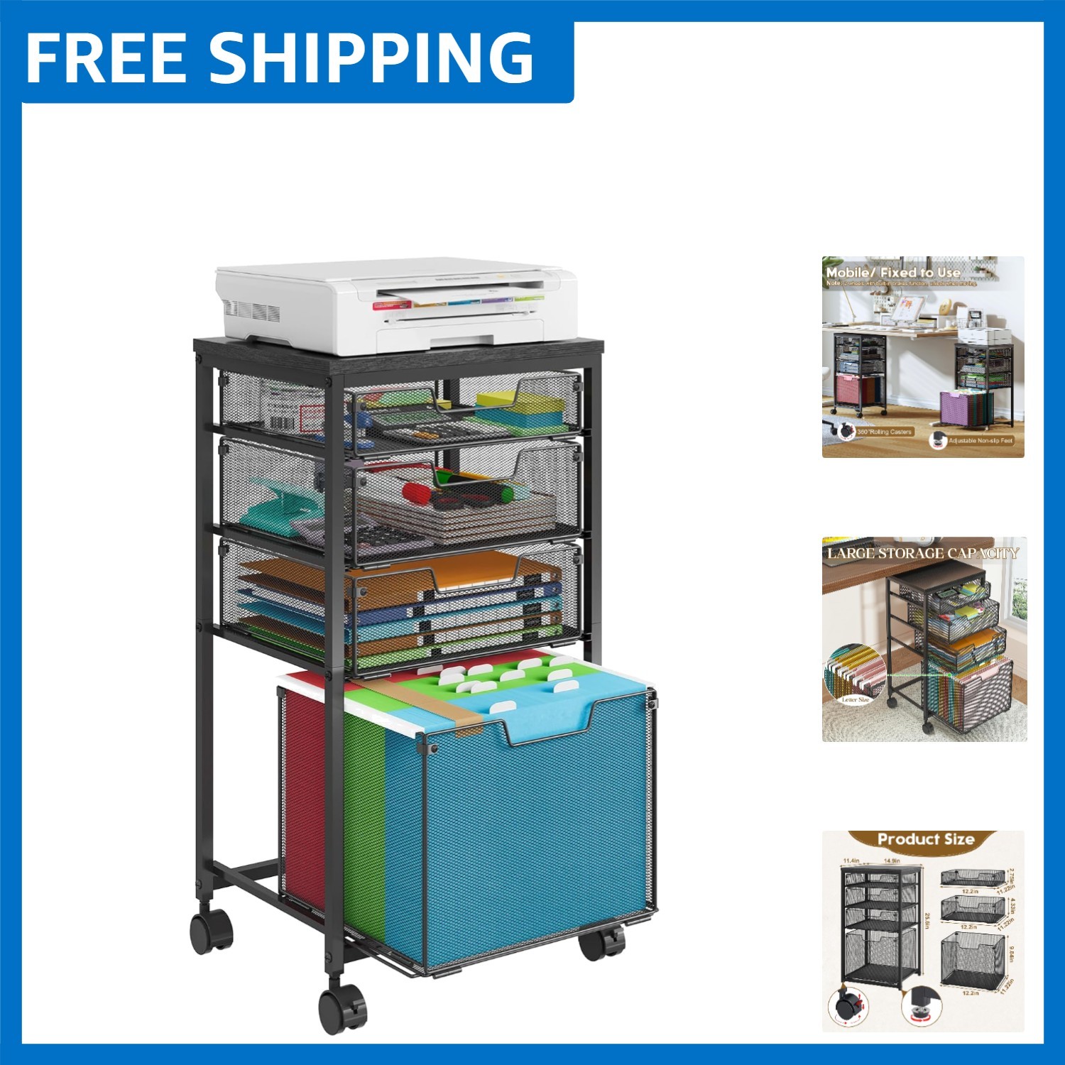 Elegant Rolling File Cart - 4 Drawer Mobile Cabinet for Under Desk Use