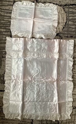 Vintage Satin Embroidery Baby Blanket Bedding Swan Duck 1950 s Iridescent Unused