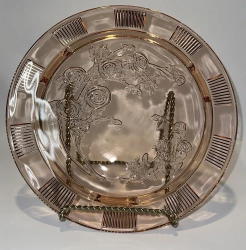 Federal Glass Sharon Pink Cabbage Rose Footed Cup Cake Plate Vintage 1930's