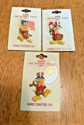 1984 Summer Olympic Games 3D Sam the Olympic Eagle Flag, Welcome & Flame Pin Set