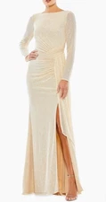 New Mac Duggal Draped Sequined Ruched Long Sleeve Gown In Pearl Sz 14 $398