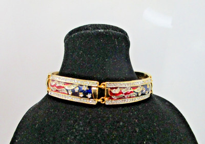 2005 Patriotic Red Blue Rhinestone US Flag Gold Tone Bracelet by A D