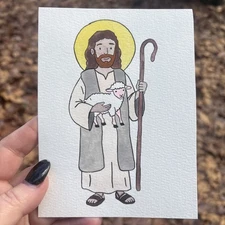 Original Art ACEO Miniature ATC Manger  Jesus Lamb Sheep Christmas