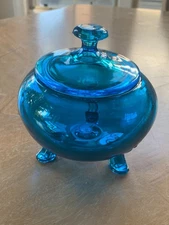 Vintage Peacock Blue Covered Candy Dish 5" Dia 5' H