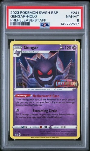 2023 POKEMON SWSH BLACK STAR PROMO PRERELEASE-STAFF #241 GENGAR-HOLO PSA 8