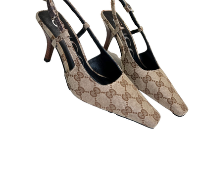 靴 Gucci GGCanvasPumps 38C Gucci GG Slingback Pumps Monogram Canvas Logo Womens 38 Beige . | eBay