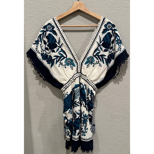 Vestido FARM RIO Azulejos Tropicales Floral Mezcla de Lino Mini Línea A Talla Mediana - Imagen 15 de 16
