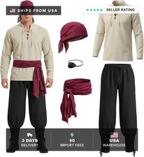 Men's Pirate Costume Set, 5 Pcs Renaissance Costume Medieval Outfit Shirt Pants
