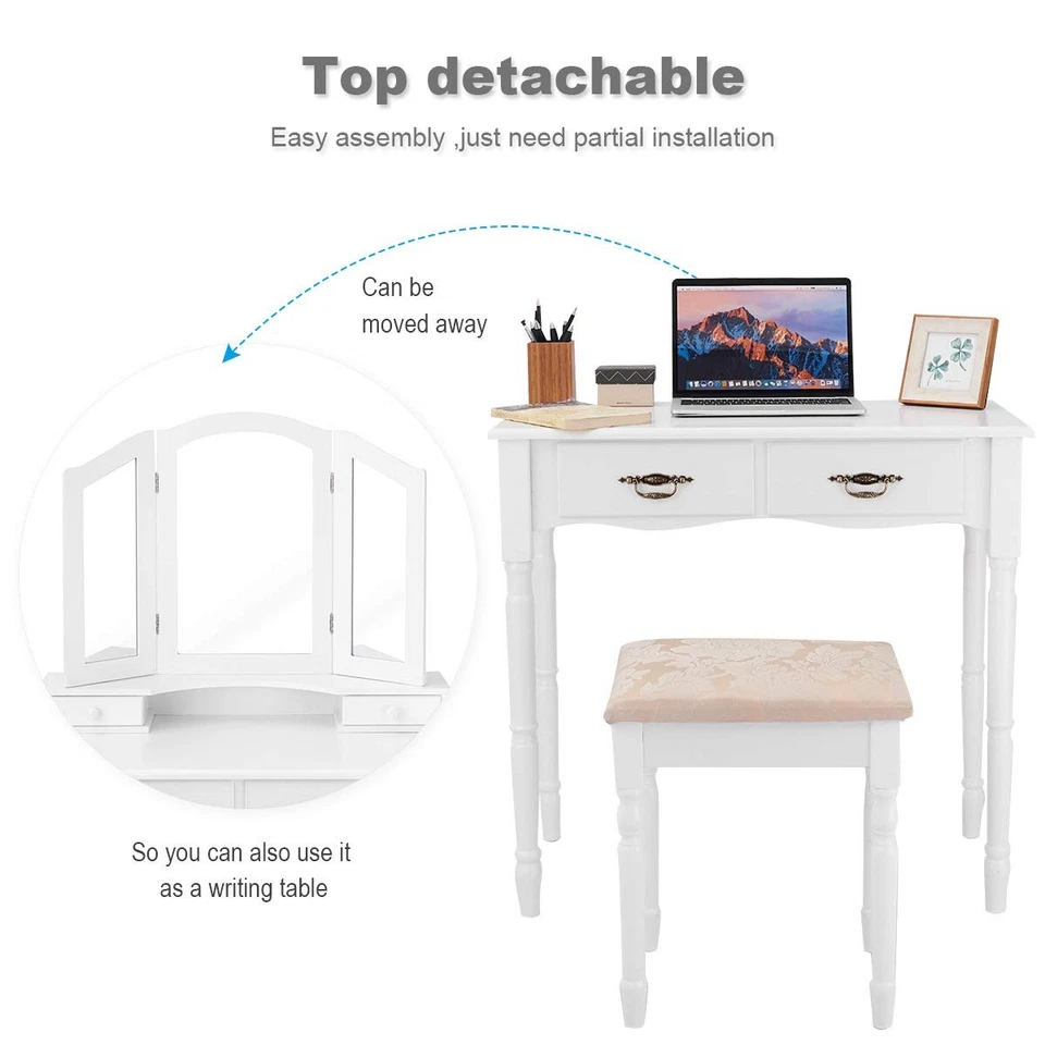 Juego de tocador con taburete y espejo, mesa de maquillaje multifunción escritorio con dibujo... Foto 4 de 4