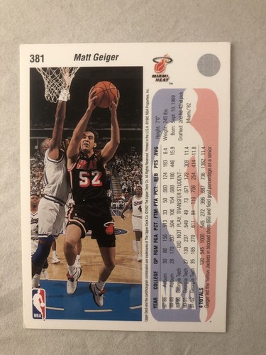 1992-93 Upper Deck Basketball Card #381 Matt Geiger Miami Heat - Bild 2 von 2