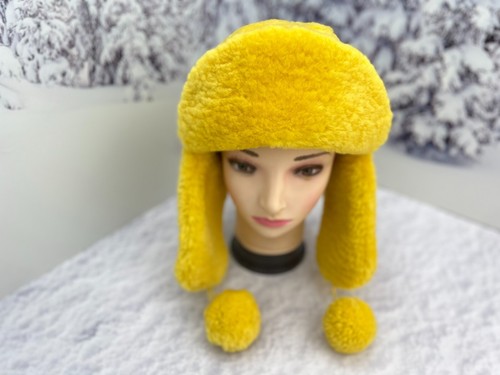 Amarillo Ushanka, sombrero de trampero de invierno para mujer orejeras, sombrero de nieve, piel de oveja - Imagen 6 de 10