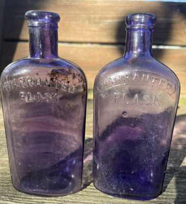 PAIR OF NICE AMETHYST COLORED WARRANTED FLASKS W/STRAP SIDES 1890'S ERA DUG L@@K