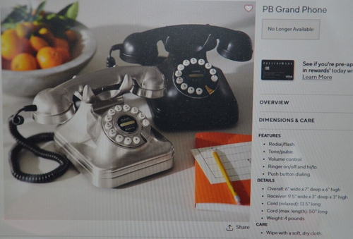 Pottery Barn BLACK Corded GRAND PHONE • Push Button • Vintage Retro Rotary Style - Picture 2 of 20