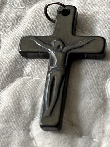 Vintage Simple Carved Hematite CROSS Pendant with Abstract Jesus figure 1.25” - Picture 5 of 7