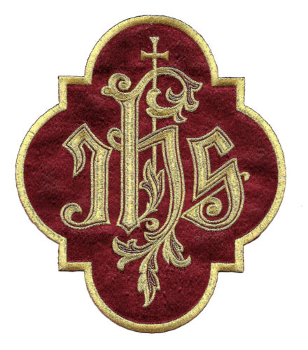 IHS - Iota-Eta-Sigma Christogram W/ Latin Cross - Iron On Patch - 8"H - Burgundy - Photo 1/1