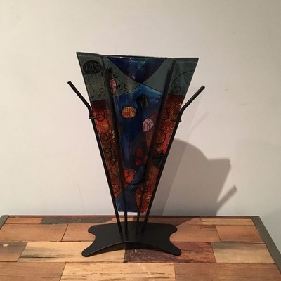 New Fused Glass Handmade Vase Orange Blue 37cm H W Metal Stand Ebay