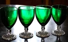 Vtg Set 4 ANCHOR HOCKING FOREST GREEN/ CLEAR BUBBLE FOOT  Juice/Wine Glasses