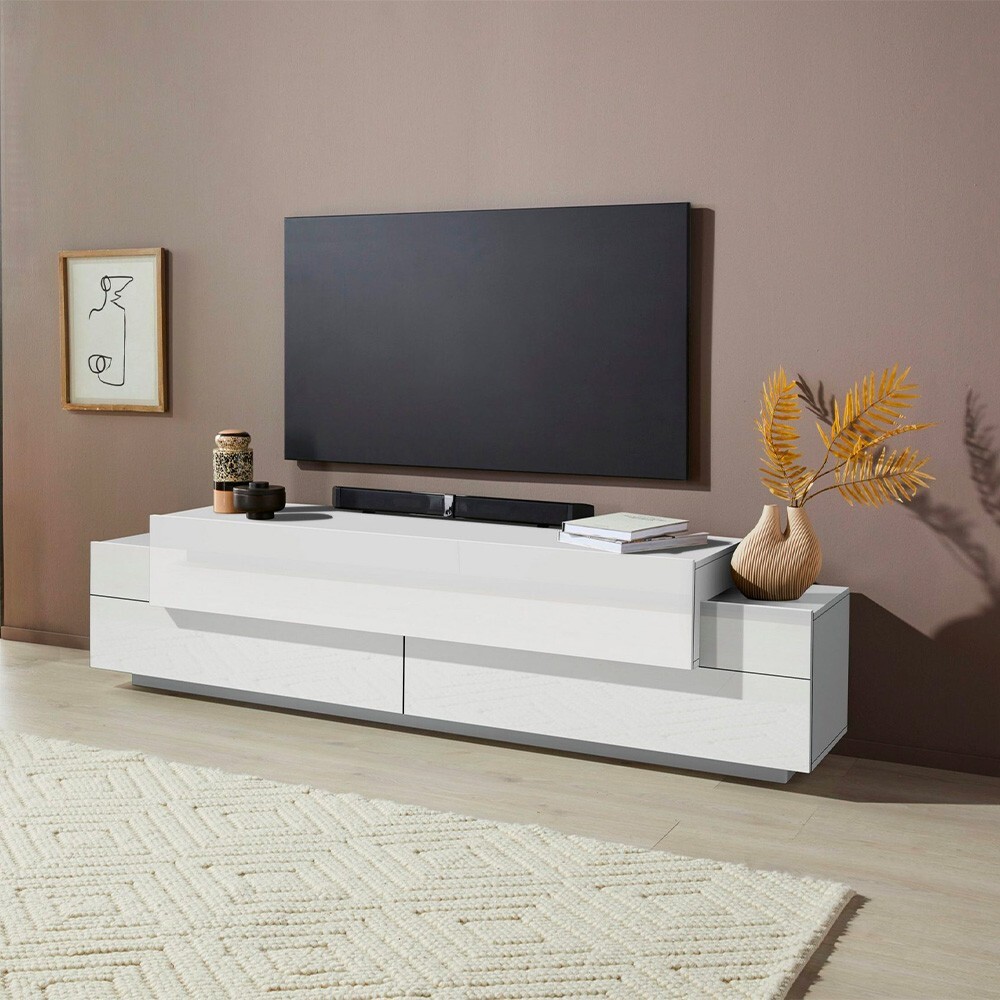Mueble TV salón 200cm blanco 4 compartimentos y 3 puertas Corona Low Lacq