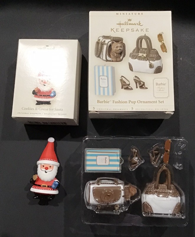 2 NEW Hallmark Christmas Ornament BARBIE Doll Purse Pup Cookies Cocoa Santa