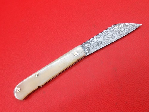 Custom Handmade Damascus Folding Knife Bone Handle Leather Pouch S238 - Picture 5 of 12