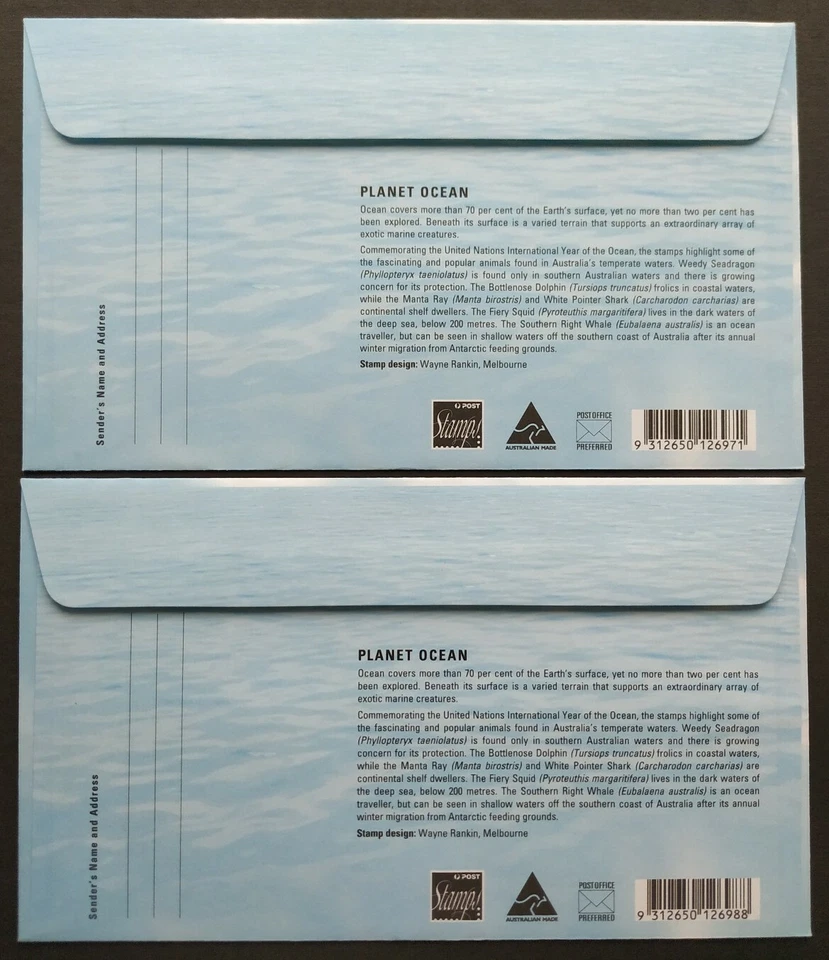 1998 Australia Planet Ocean Fish Dolphin Shark Whale Sea-dragon Squid FDC (pair) - Image 2 of 4