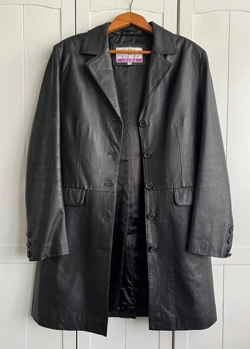 Vintage Women’s Black Soft Leather Trench Coat Medium 19.5” Pit To Pit Gothic - Picture 3 of 12