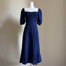 reformation blue midi dress with high slit up skirt