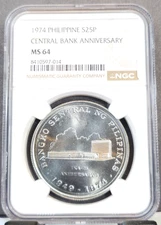 1974 PHILIPPINES SILVER 25 PISO CENTRAL BANK ANNIVERSARY NGC MS 64 BEAUTIFUL BU