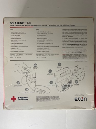 Eton American Red Cross Solarlink FR370 Emergency Weather AM/FM/NOAA Radio Open - Picture 2 of 8