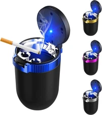 Car Ashtray with Lid, Detachable Stainless Steel Ash Tray with LED Blue Light, P