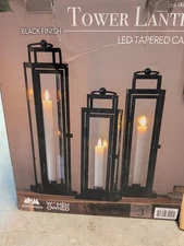 Evergreen Pack of 3 Tower Lantern LED Tapered Candles Hangable with Black Finish