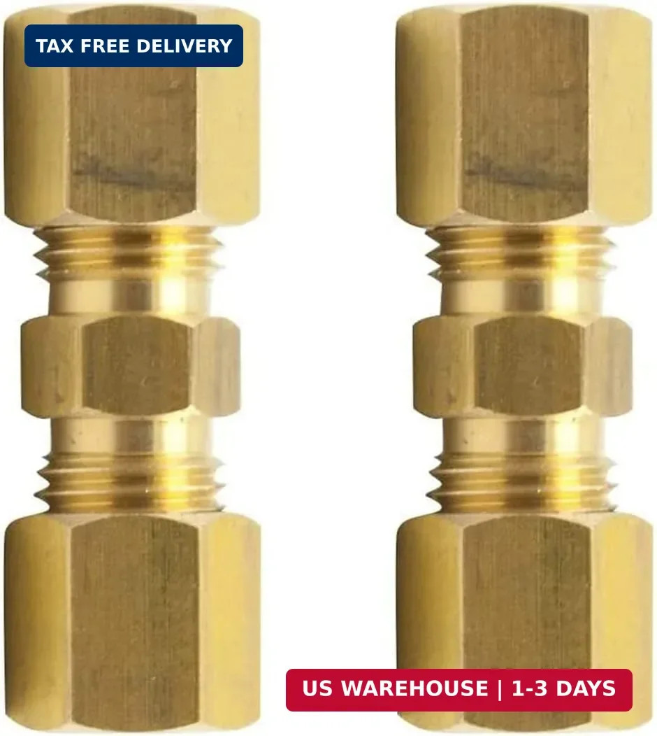 Brass Compression Tube Fitting, Union, 1/4" OD x 1/4" OD Coupler, Pack of 2