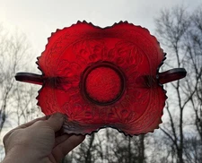 Red Vintage Fenton Carnival Glass Cherry Circles Two Handled Bowl  AS IS