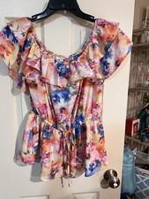 Off-the Shoulder Top Ruffle Drawstring Floral Print Large Feminine Light Flowy