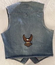 VTG Levis Big E Denim Pocket Vest USA Snap Mens Med Harley Davidson Biker Patch