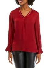 Carmen Marc Valvo Cranberry Studded Blouse Long Blouson Sleeves V Neck Size 2X