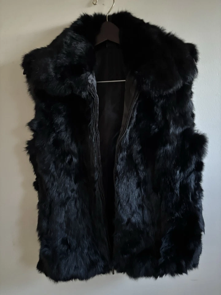 Chaleco Saks Fifth Avenue Real Rabbit Negro Piel Cuello Cremallera Talla M/L Mujer Foto 2 de 4
