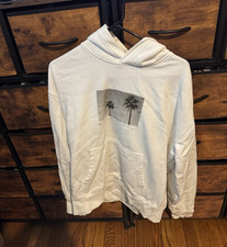 American Eagle Womens Pullover Hoodie Relaxed Fit White Beach Graphic M Pockets