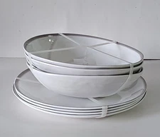 Farmhouse Rachel Ashwell 8 PC Melamine Plate Bowl Set Taupe Greige Gray Rim Edge