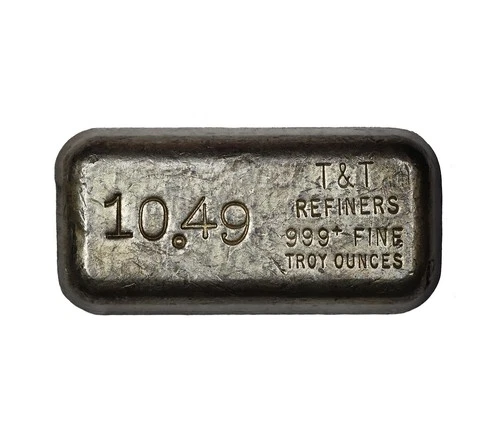 Vintage T&T Refiners 10.49 oz .999 Fine Silver Poured Odd Weight Loaf Bar - Rare