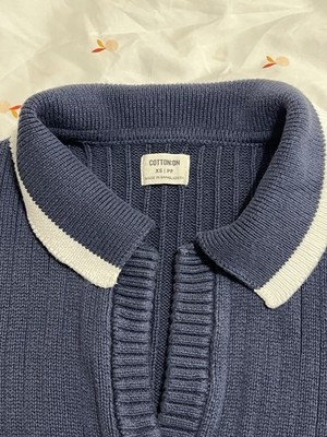 Cotton On Collared Sleeveless Ribbed Knit Sweater Vest Contrast Trim Blue XS