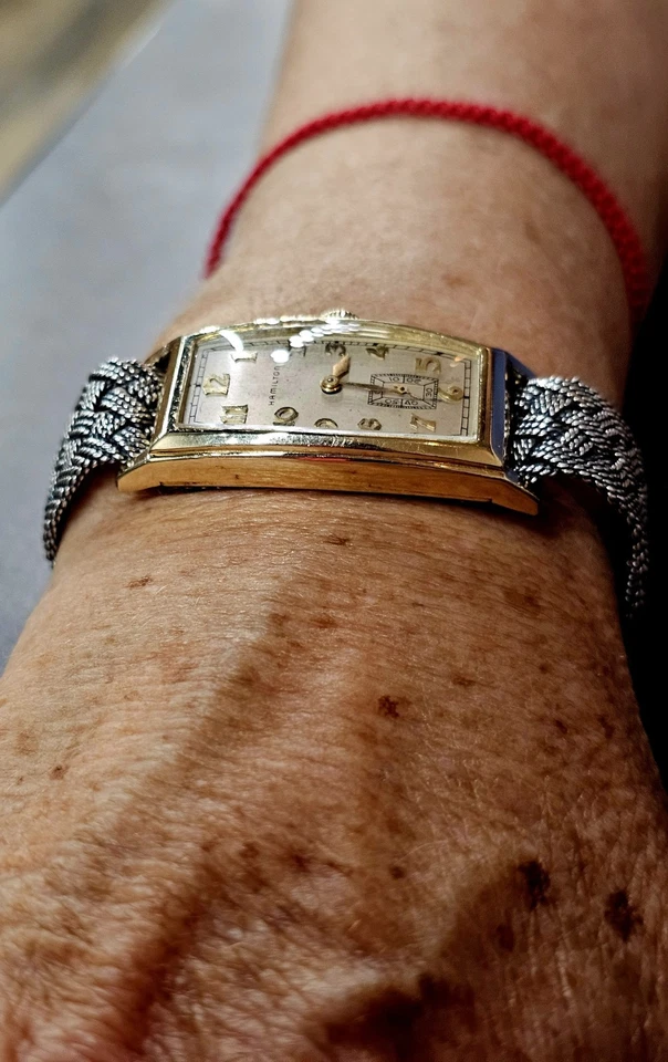 vintage RARO Hamilton "Carlisle" relógio retangular curva longa 1938, 14k GP - Imagem 4 de 4