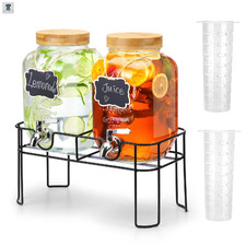 2 Pack 1 Gallon Glass Drink Dispenser with Bamboo Lid, Beverage Dispenser with S